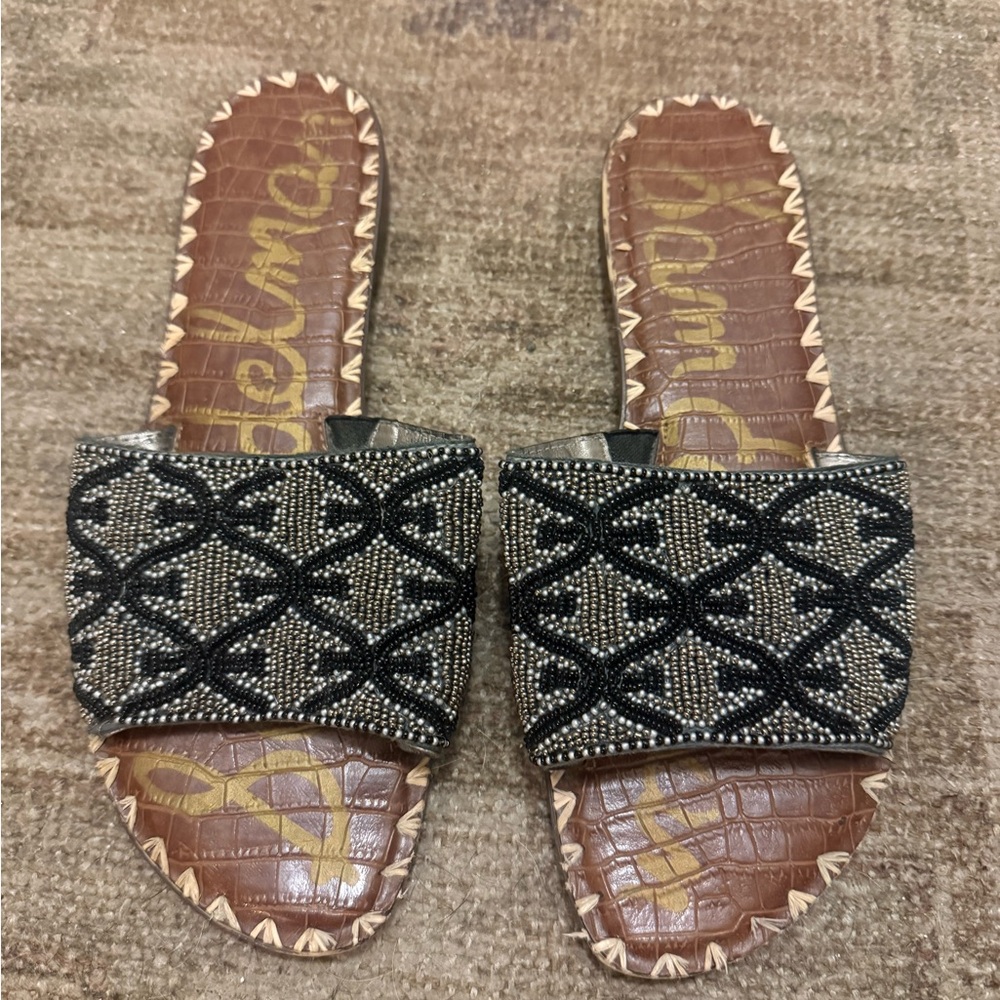 Sam Edelman Black Beaded Slide Mules with Brown Footbed